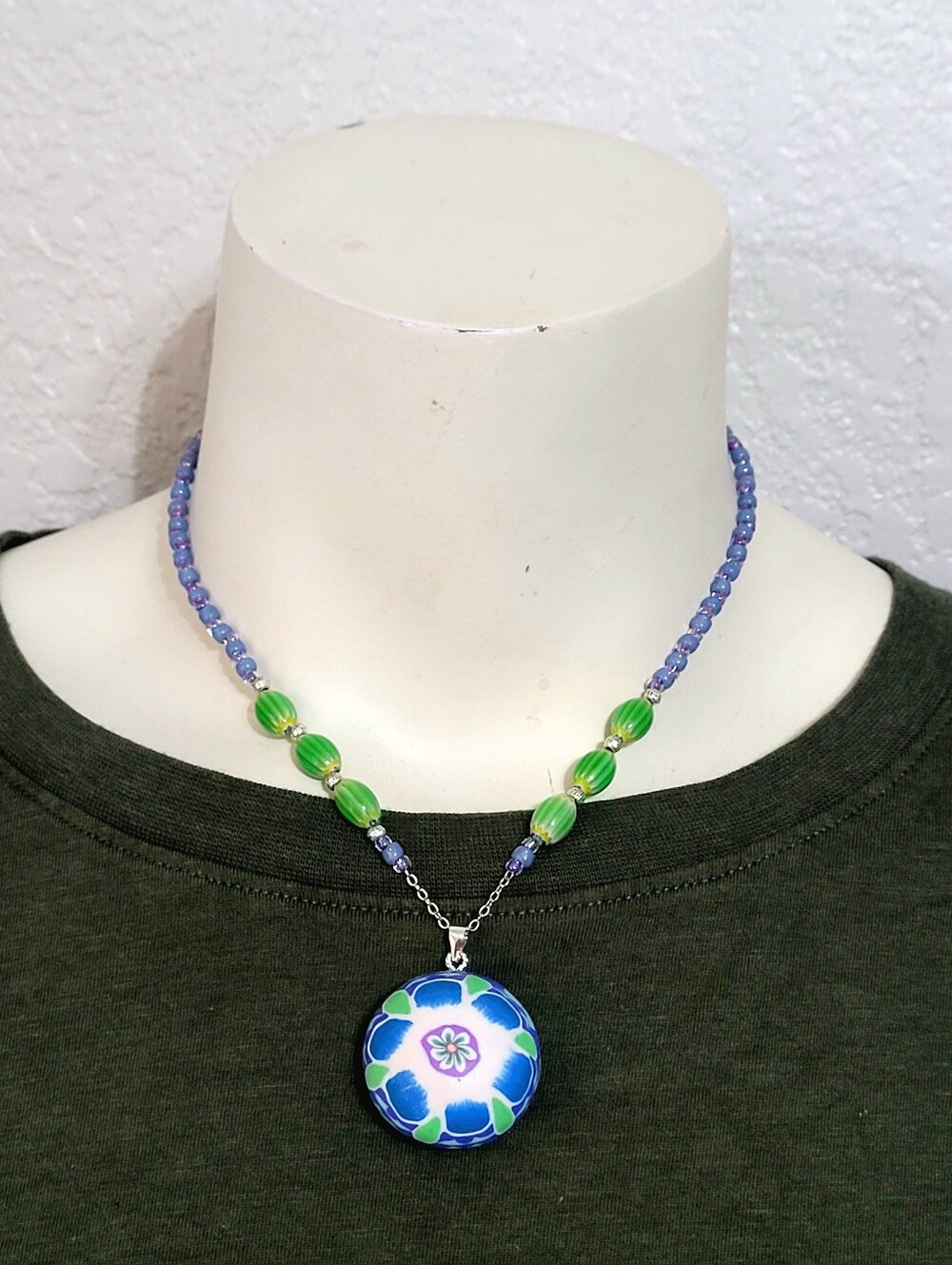 Hand Crafted Kids' Blue Green Lampwork and Polymer Clay Bead Necklace - Picture 2 of 4